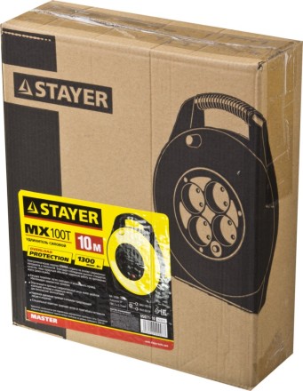 Удлинитель на катушке &quot;MX100T&quot;, 10 м, 4 гнезда, ПВС 2x0,75 кв мм, 1300 Вт, STAYER 55071-10 купить в Уфе
