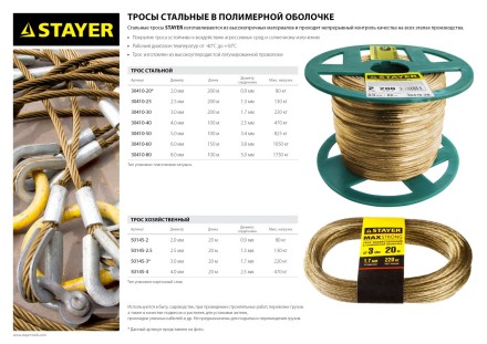 Трос хозяйственный STAYER &quot;MASTER&quot;, стальной в полимерной оболочке, 20 метров, 2,0мм 50145-2 купить в Уфе