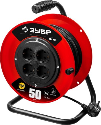 Удлинитель на катушке &quot;ПВС 307&quot;, 50 м, 2500 Вт, 4 гнезда, ПВС 3х0,75 кв мм, ЗУБР 55083-50 купить в Уфе