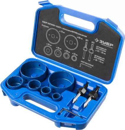 Набор коронок-чашек ЗУБР &quot;ПРОФЕССИОНАЛ&quot; c карбид-вольфрамовым нанесением, 6 коронок-чашек O 22, 28, 35, 44, 68, 73 мм, 2 державки со сверлами, ключ 33360-H6_z01 купить в Уфе