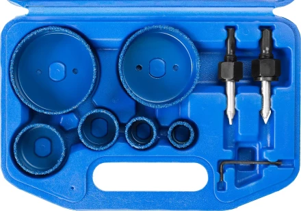 Набор коронок-чашек ЗУБР &quot;ПРОФЕССИОНАЛ&quot; c карбид-вольфрамовым нанесением, 6 коронок-чашек O 22, 28, 35, 44, 68, 73 мм, 2 державки со сверлами, ключ 33360-H6_z01 купить в Уфе