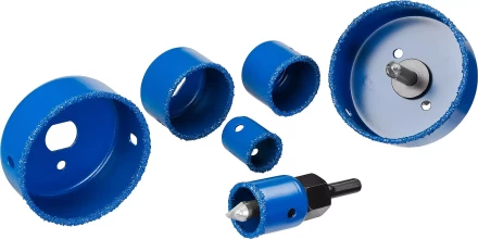 Набор коронок-чашек ЗУБР &quot;ПРОФЕССИОНАЛ&quot; c карбид-вольфрамовым нанесением, 6 коронок-чашек O 22, 28, 35, 44, 68, 73 мм, 2 державки со сверлами, ключ 33360-H6_z01 купить в Уфе