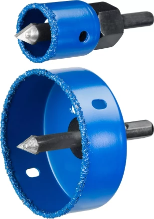 Набор коронок-чашек ЗУБР &quot;ПРОФЕССИОНАЛ&quot; c карбид-вольфрамовым нанесением, 6 коронок-чашек O 22, 28, 35, 44, 68, 73 мм, 2 державки со сверлами, ключ 33360-H6_z01 купить в Уфе