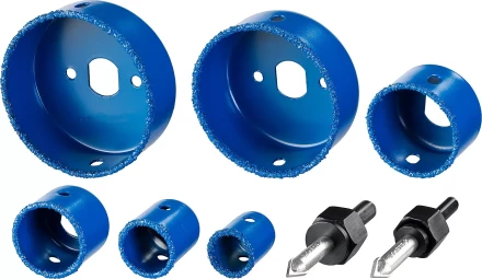 Набор коронок-чашек ЗУБР &quot;ПРОФЕССИОНАЛ&quot; c карбид-вольфрамовым нанесением, 6 коронок-чашек O 22, 28, 35, 44, 68, 73 мм, 2 державки со сверлами, ключ 33360-H6_z01 купить в Уфе