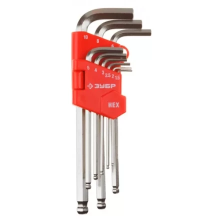 Набор ЗУБР Ключи &quot;МАСТЕР&quot; имбусовые длинные с шариком, Cr-V, сатинир. покрытие, пластик. держатель, HEX 1,5-10мм, 9 пред 27461-2_z02 купить в Уфе